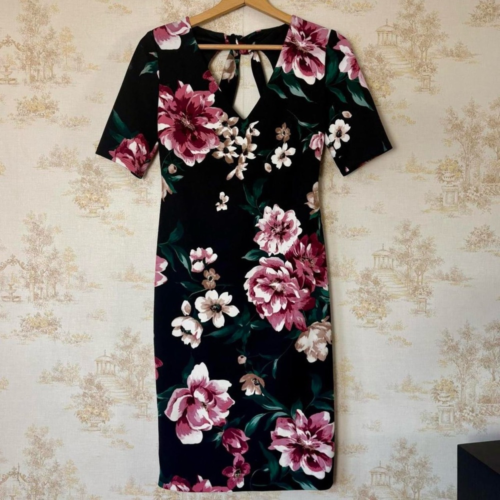 Y2k Premier Amour black rose floral semiformal cutout sheath midi cocktail dress